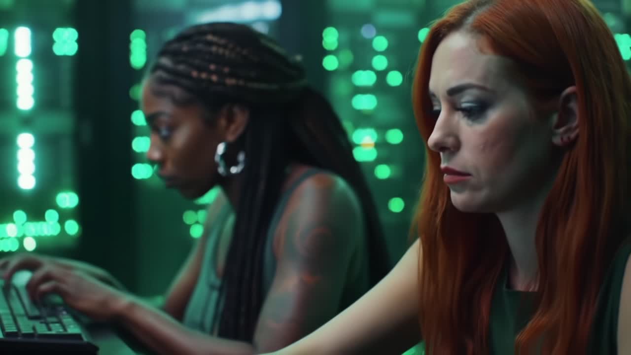 Intense Focus: Two Coders Collaborate in a Data Center Surrounded by Glowing Server Racks, Delving Deep into Complex Algorithms and Technology Challenges