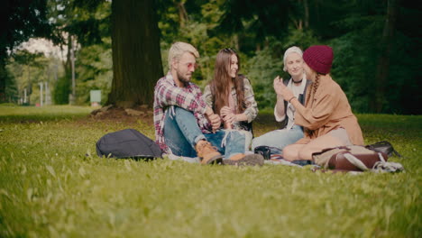 happy young friends enjoying during picnic at park