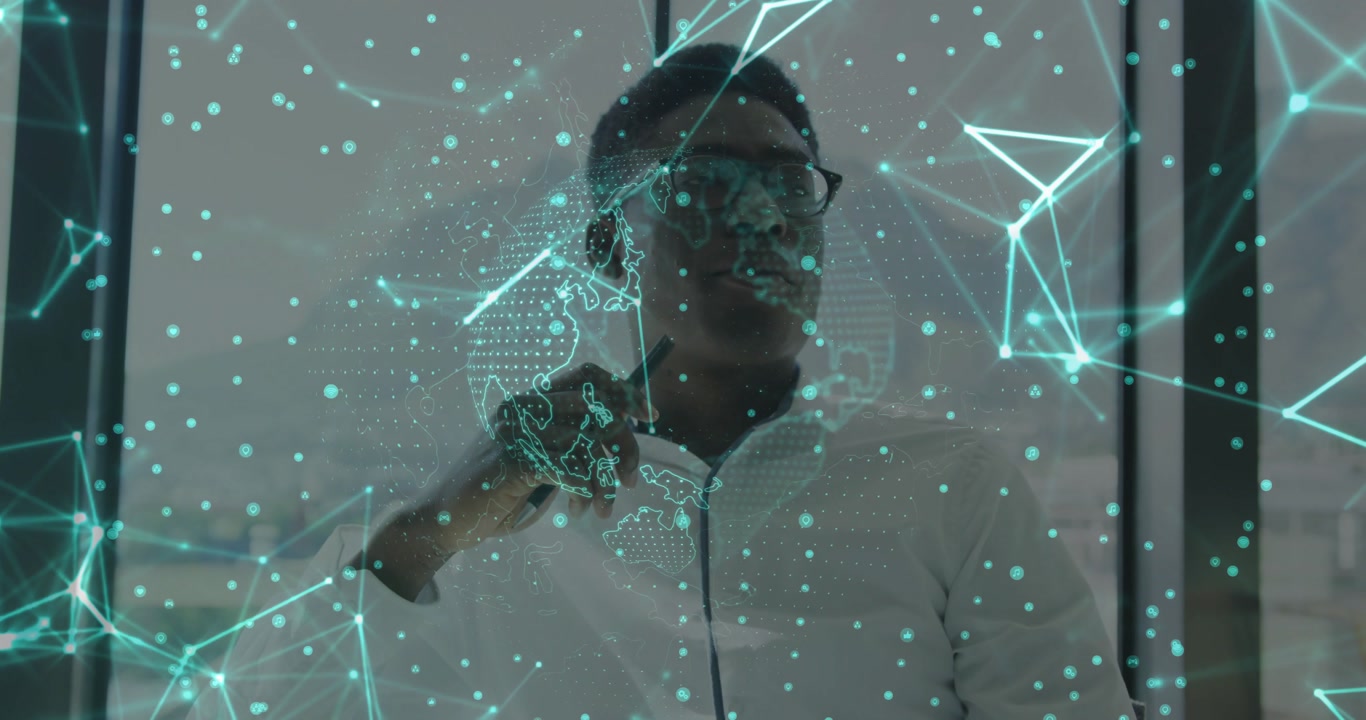Man holding smartphone triggers holographic network with rotating globe while monitoring tech data