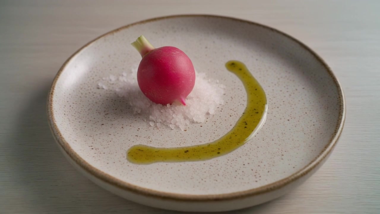 Antipasto di ravanelli gourmet impiattato su sale marino con olio alle erbe