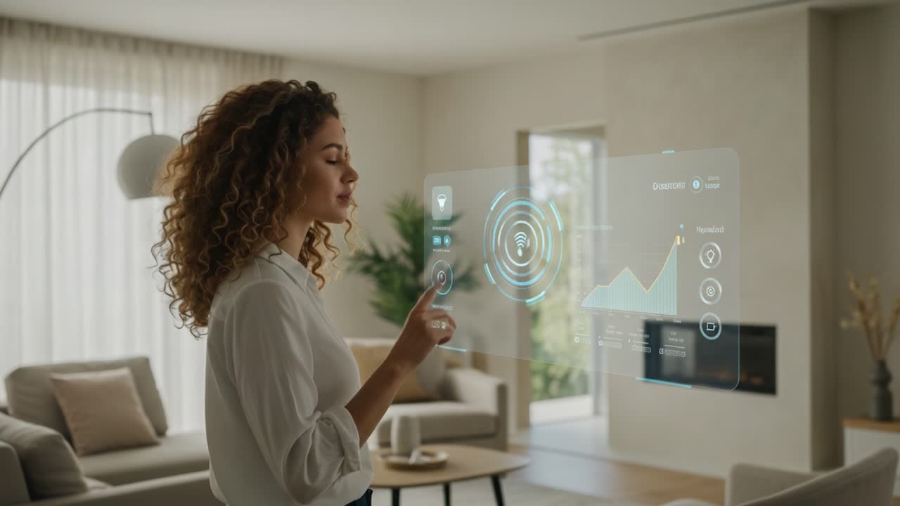 Engaging with Smart Technology: A Person Interacting with a Futuristic Digital Interface in a Modern Living Room Environment