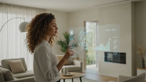 engaging with smart technology: a person interacting with a futuristic digital interface in a modern living room environment