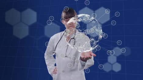 Animación-De-Un-Médico-Usando-Una-Pantalla-Virtual-3D-Sobre-Un-Monitor-De-Latidos-Cardíacos-En-Segundo-Plano.