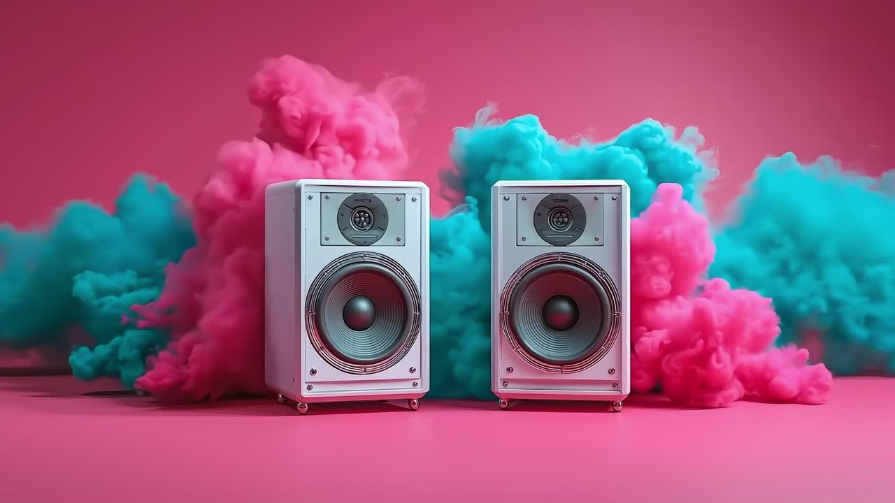 A pair of speakers sitting on top of a pink surface