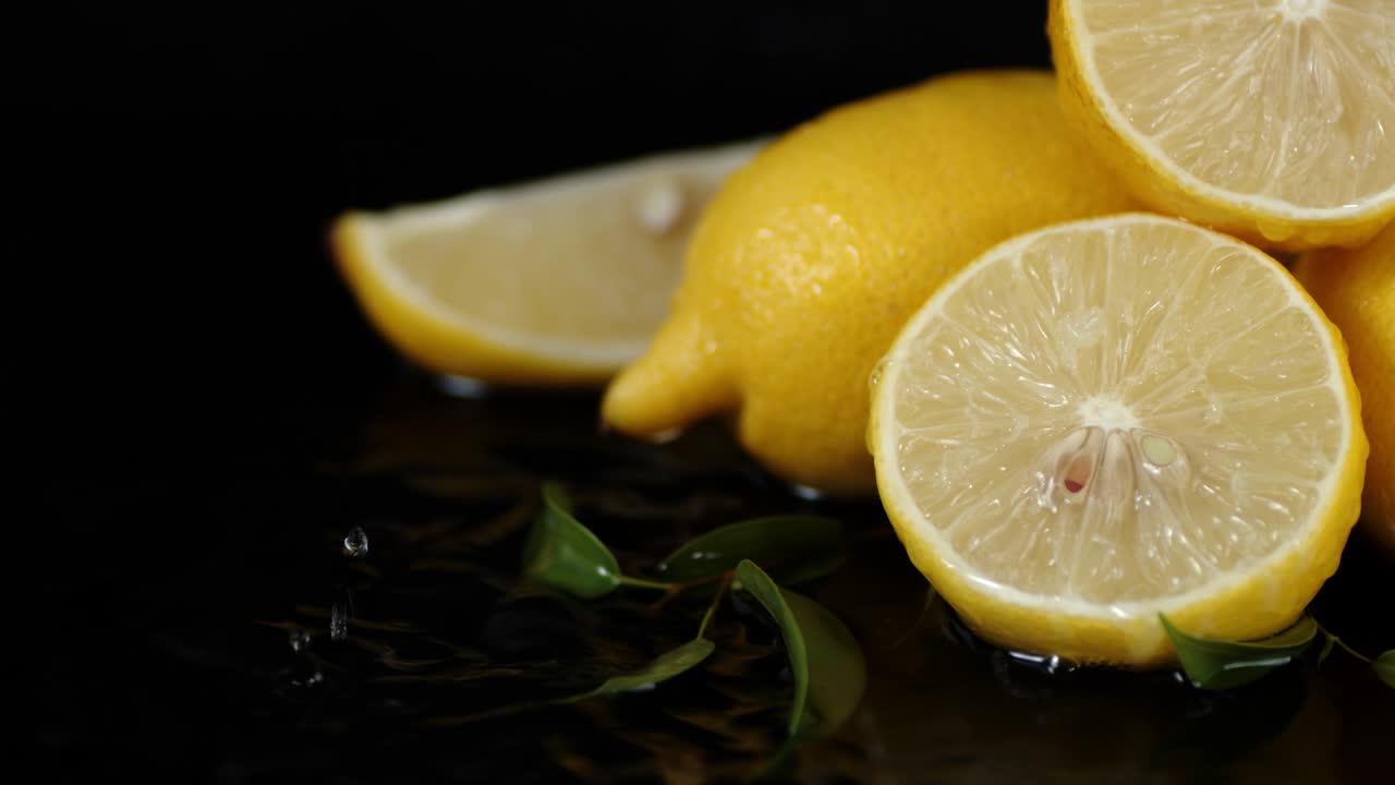 잎이 떨어지는 레몬 조각은 물방울입니다.