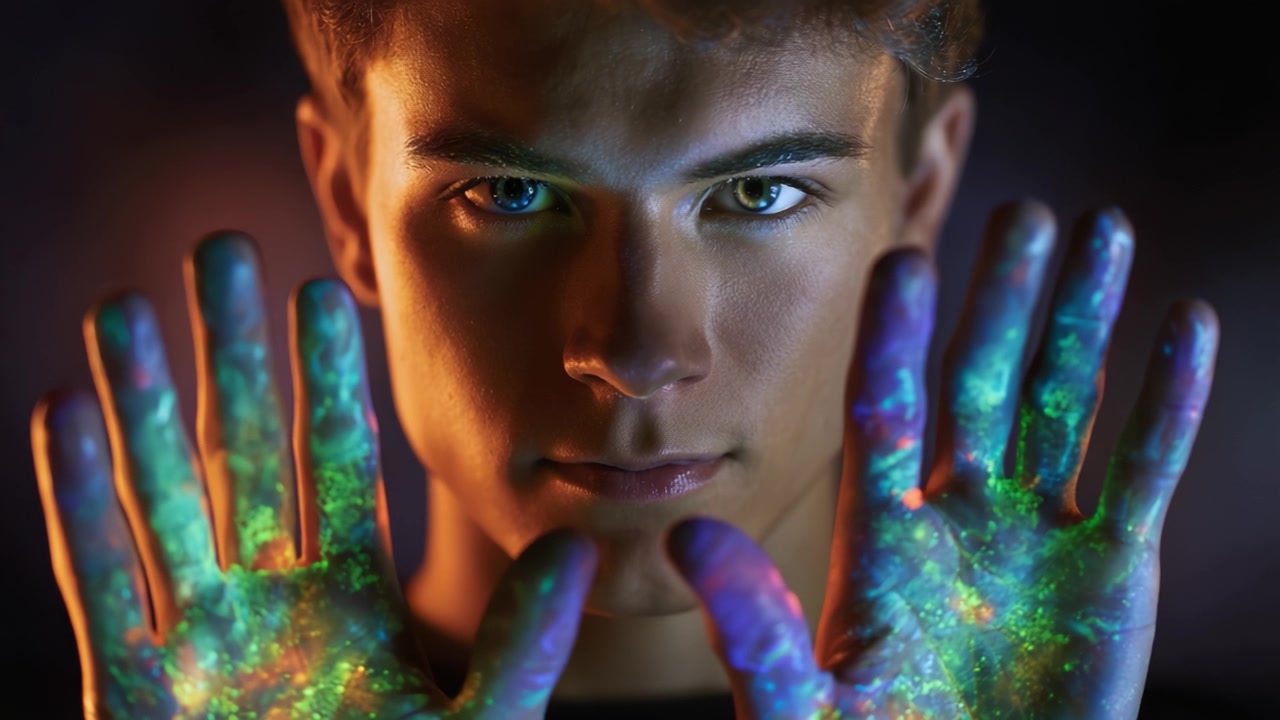 Un giovane con le mani dai colori vivaci illuminate da motivi cosmici, che cattura l'essenza della creatività e dell'immaginazione attraverso l'espressione artistica.