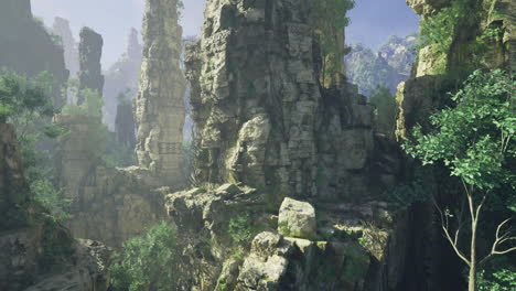 Majestic rock formations surrounded by lush vegetation in a dense forest