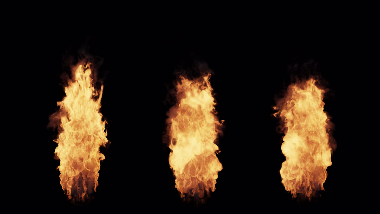 Tre colonne di fuoco realistiche che bruciano su sfondo nero