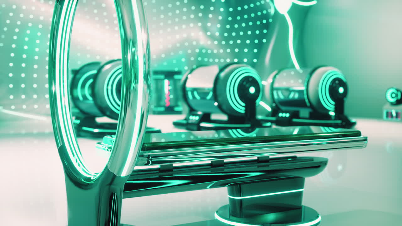 초록색 네온 조명이 있는 미래의 의료 수술실