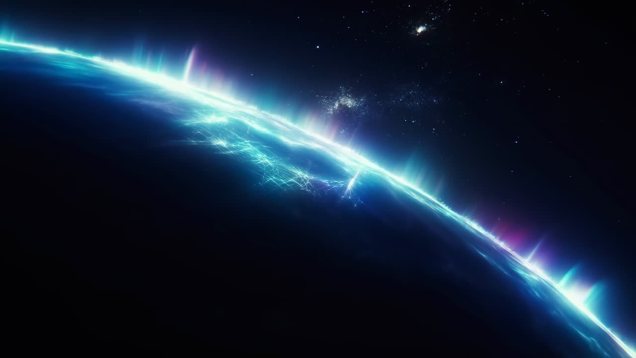 Glowing Earth Limb With Aurora, Distant Stars And Orbital Satellite Scan Over Neon City Lights On Horizon,