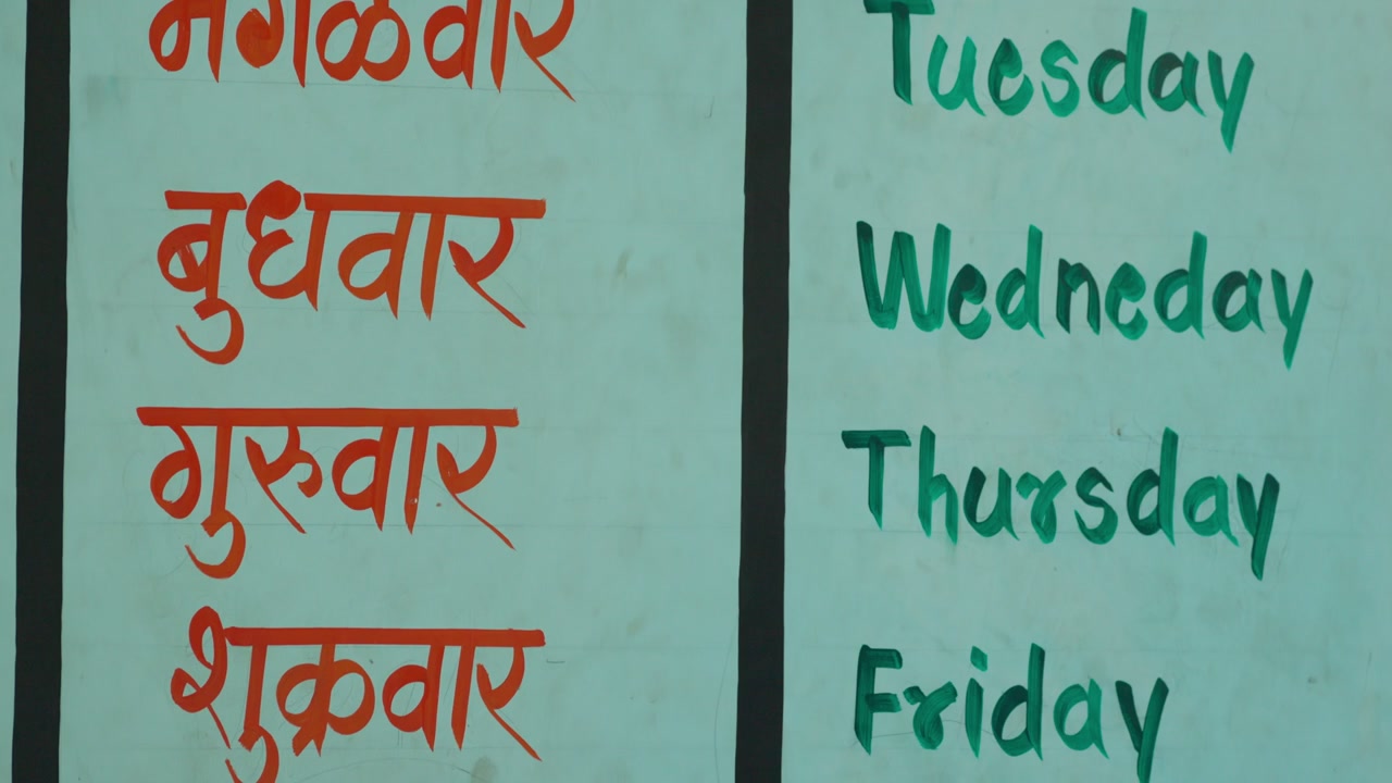 Educational wall chart displays days of the week in Marathi script (orange) and English (green) on light blue background in rural Maharashtra school. Camera tilts downward to reveal weekdays spelling.