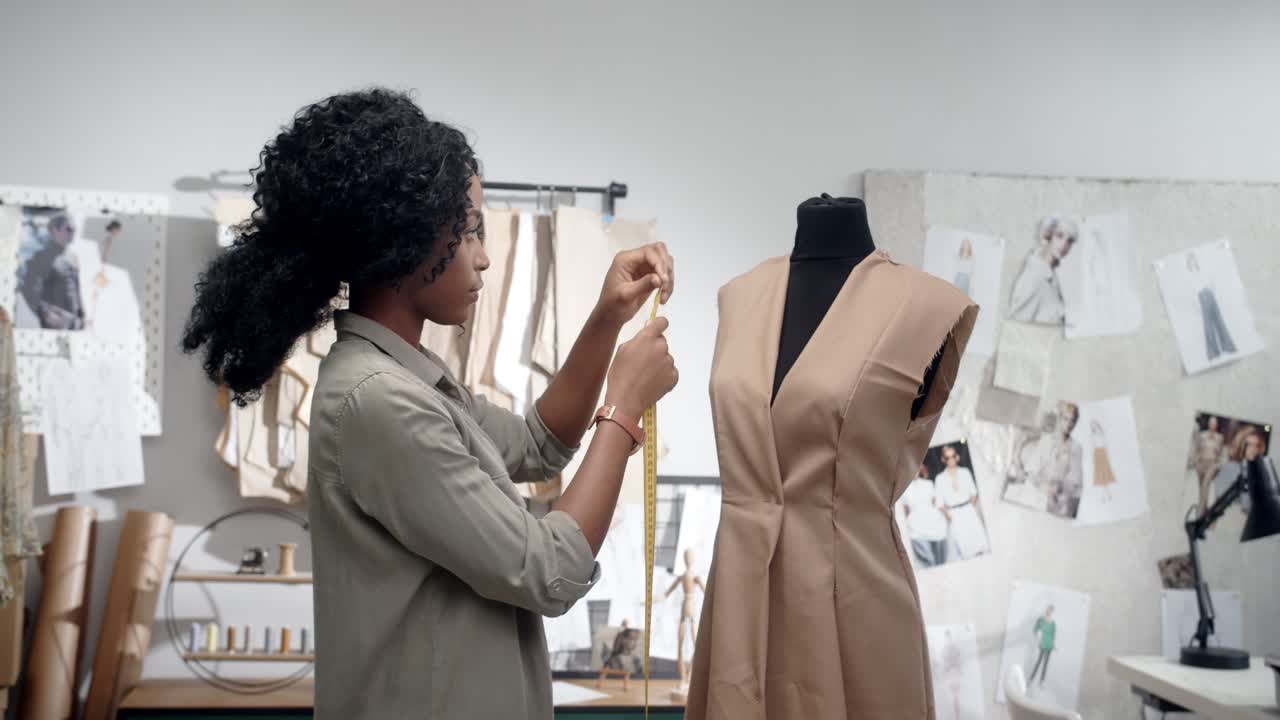 mujer joven, diseñadora de ropa haciendo medidas con una cinta métrica del vestido nuevo en el estudio