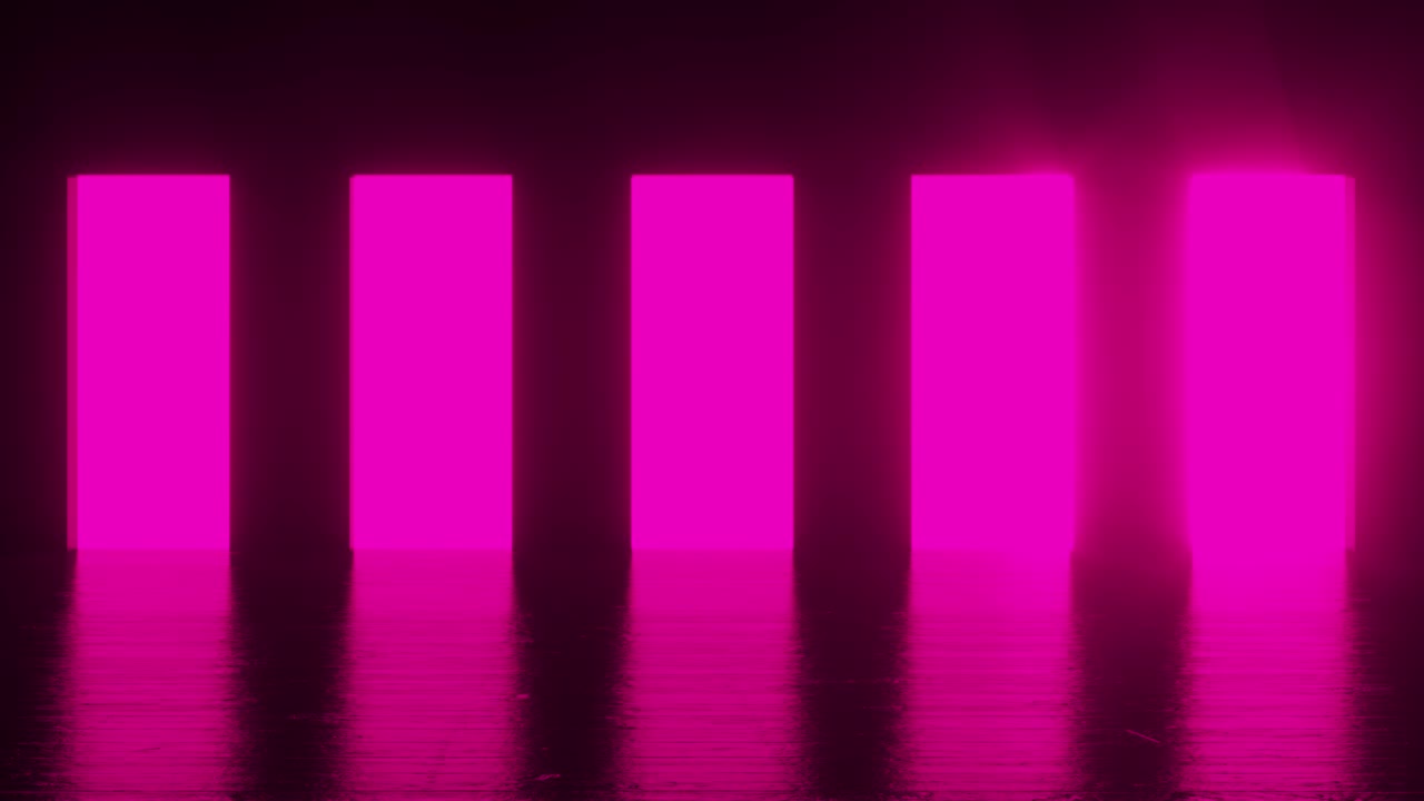 핑크색 빛은 어두운 방의 다섯 개의 문에서 빛납니다. 밝은 색 빛으로 공간을 채니다. 어의 방에서 밝은 빛. 올바른 선택 개념. 4k의 3d 애니메이션 루프.