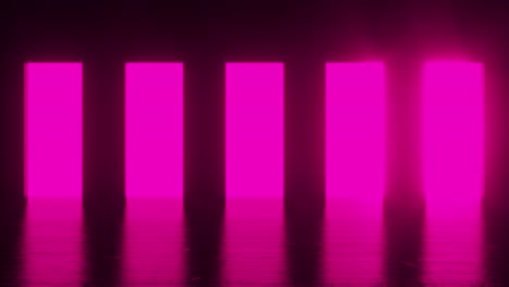 la luz rosada brilla desde cinco puertas en una habitación oscura. llena el espacio con luz blanca brillante. luz brillante en la habitación oscuras. concepto de elección correcta. bucle de animación 3d de 4k