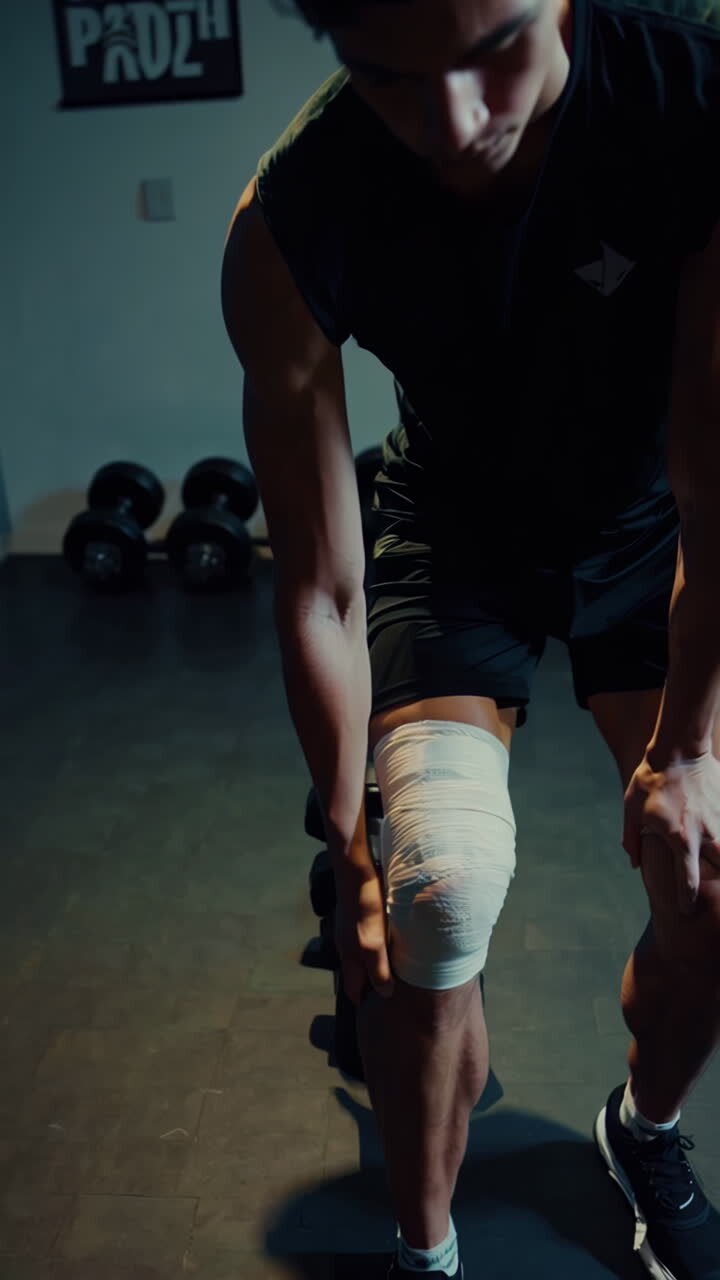 Man working out in a gym with bandaged knee