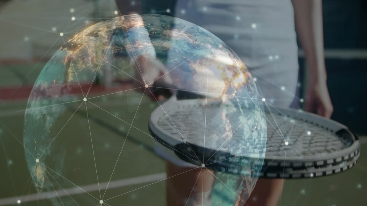female tennis player gripping racket on court, showing technology concept with 3D network globe