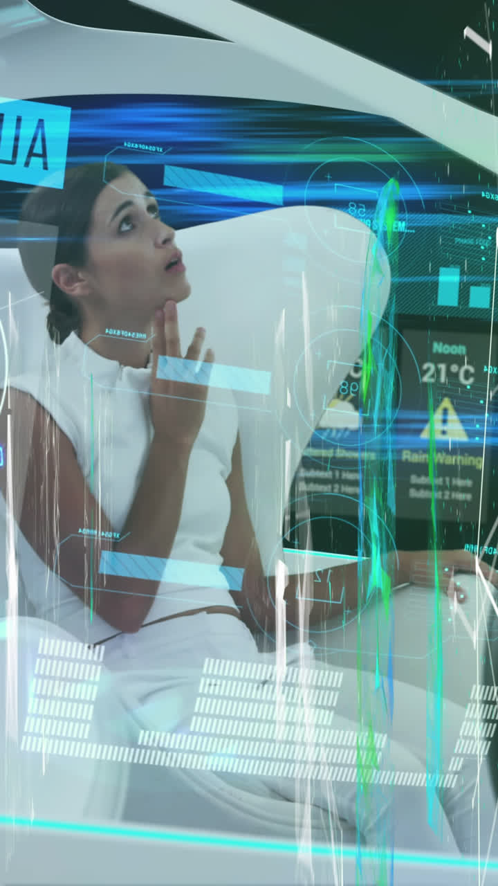 animación del procesamiento de datos sobre una mujer en un coche autónomo