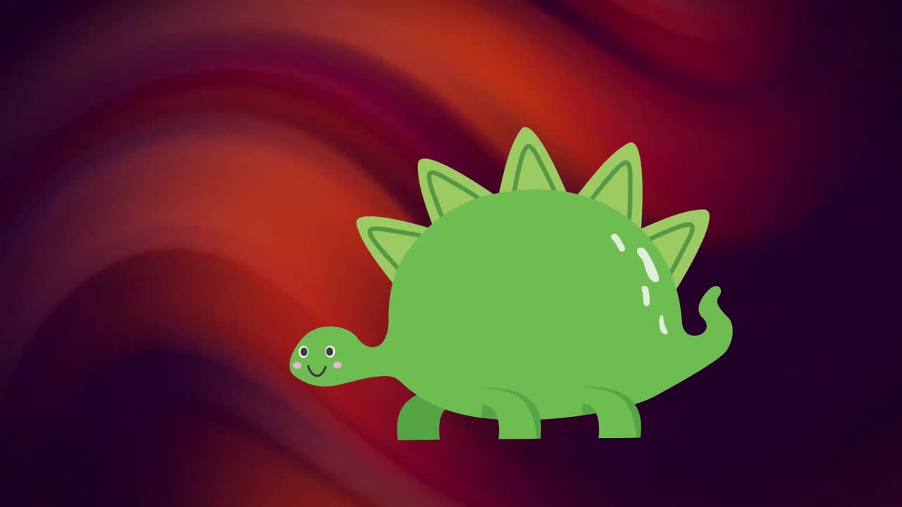 Animazione di dinosauro illustrativo verde su motivo a onde rosse su sfondo nero.
