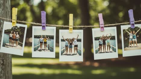 a beautiful day at the lake captured through a sequence of cherished moments: friends celebrate together with joyful poses in vintage-style photo frames