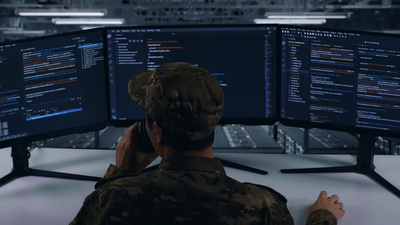 Back View Of Asian Military Drinking Coffee And Using Computer To Write Code With Multiple Screens In Data Center