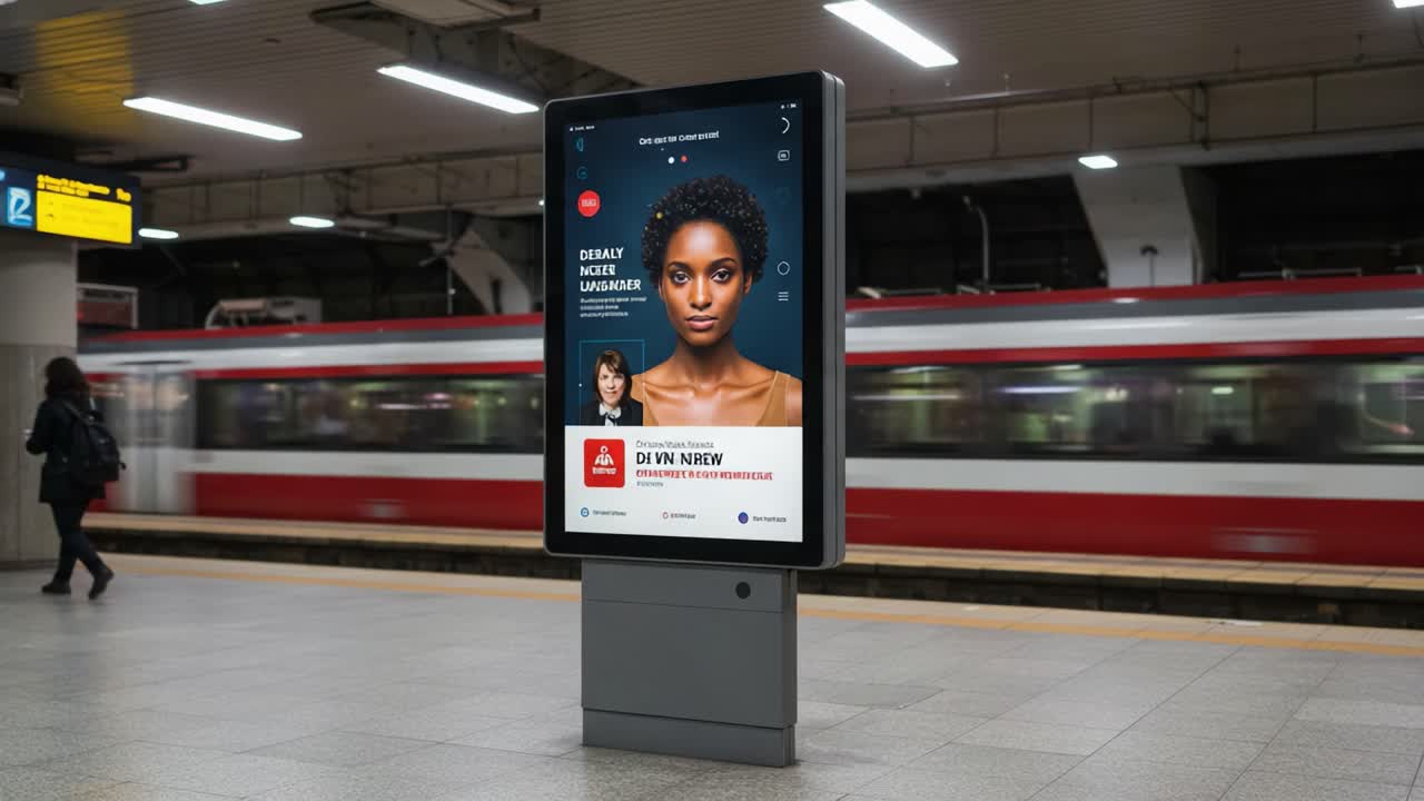Engaging Digital Advertisement Displaying a Woman with Curly Hair Promoting Language Services at a Busy Train Station Amidst Passing Train