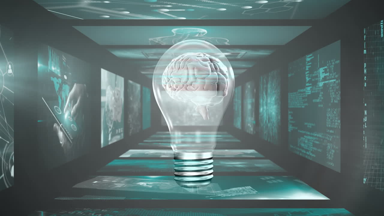 인간의 뇌와 전구에 대한 데이터 처리의 애니메이션