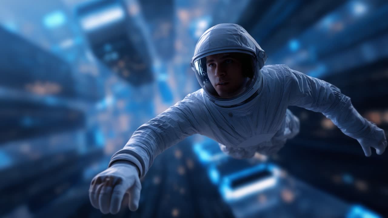 A futuristic astronaut soaring through a dazzling urban landscape, showcasing the blend of space exploration and advanced city technologies in a vivid blue-hued environment