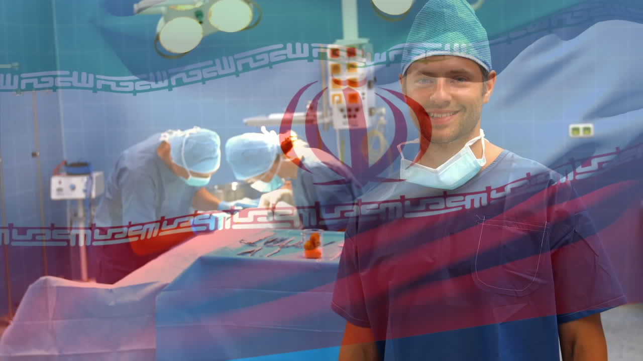 animación de la bandera de irán sobre los cirujanos en el quirófano