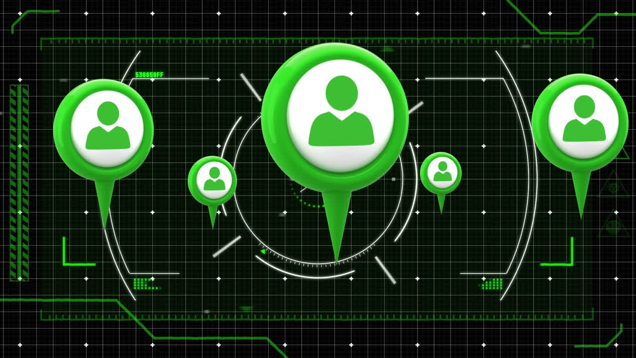 Animatie van groene personenpictogrammen met bereikscanning en gegevensverwerking op een zwarte achtergrond