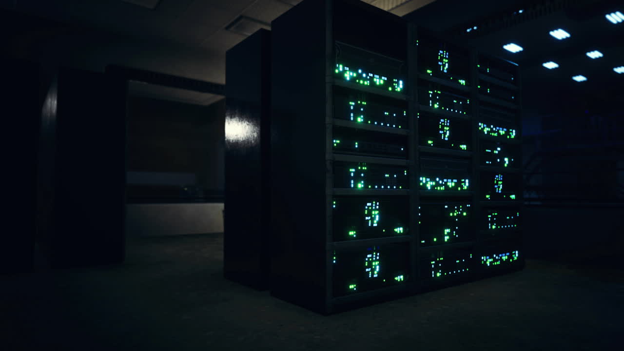 Data center with illuminated servers in dimly lit environment at night