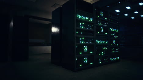 data center with illuminated servers in dimly lit environment at night