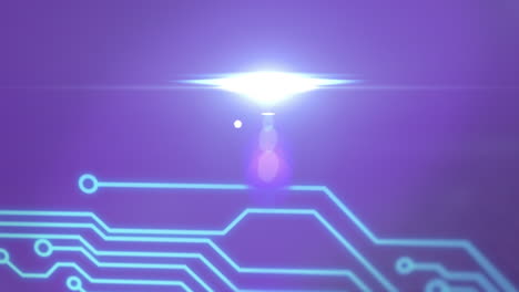 animación de un primer plano de los elementos de la placa de circuitos de computadora con un punto de luz sobre un fondo púrpura