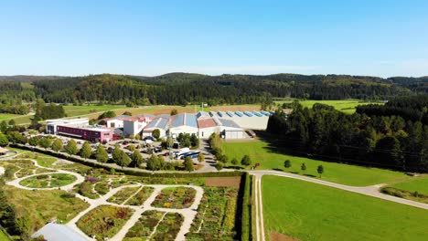 factory and industrial warehouses next to a parking lot and surrounded by crop fields