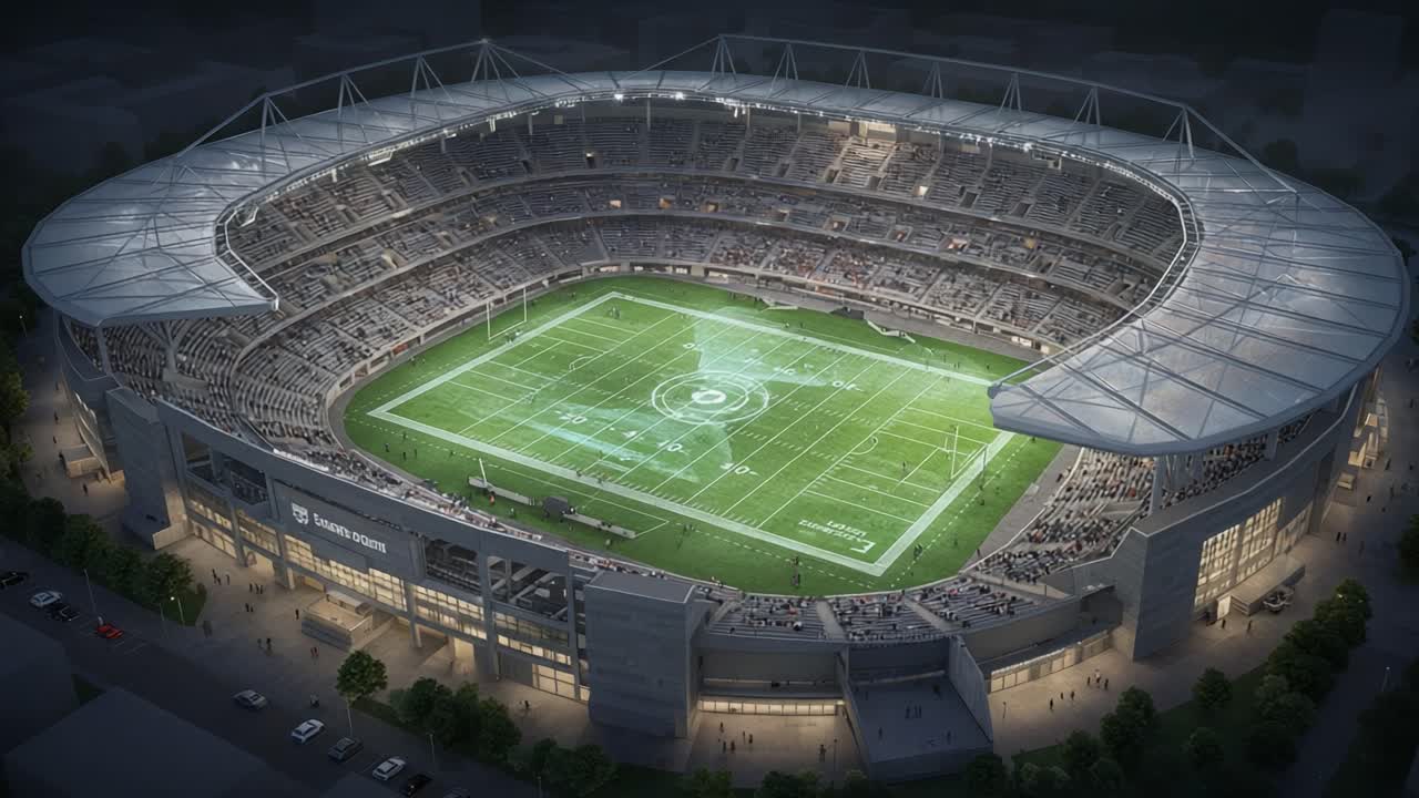 Aerial View of a Modern Sports Stadium During the Night, Featuring a Brightly Lit Field and a Large Crowd, Capturing the Excitement of Live Sports Events