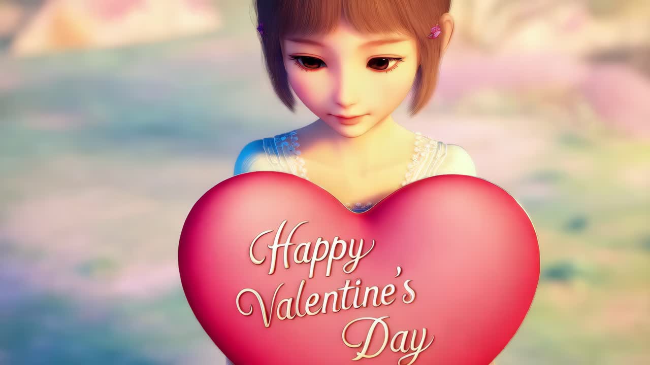 발렌타인 데이를 위해 심장을 들고 있는 애니메이션 소녀