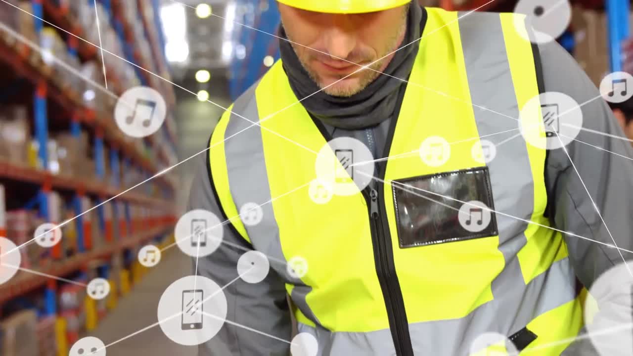 창고에서 일하는 사람에 대한 아이콘과 연결 네트워크의 애니메이션