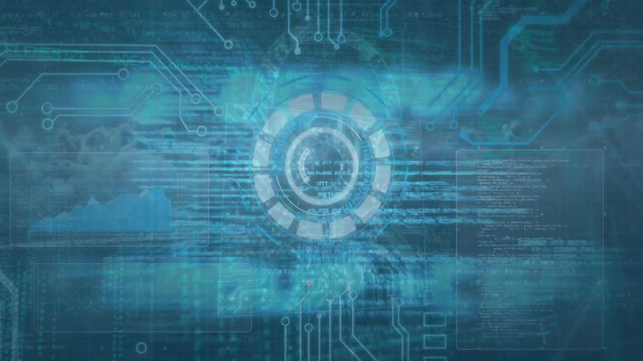 Animation of hud with financial data processing on digital interface with coding