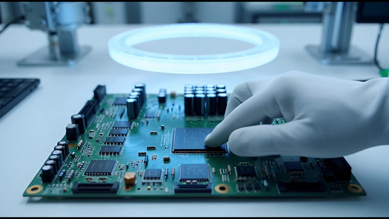 Close-up of Gloved Hand Inspecting Microchip on Circuit Board