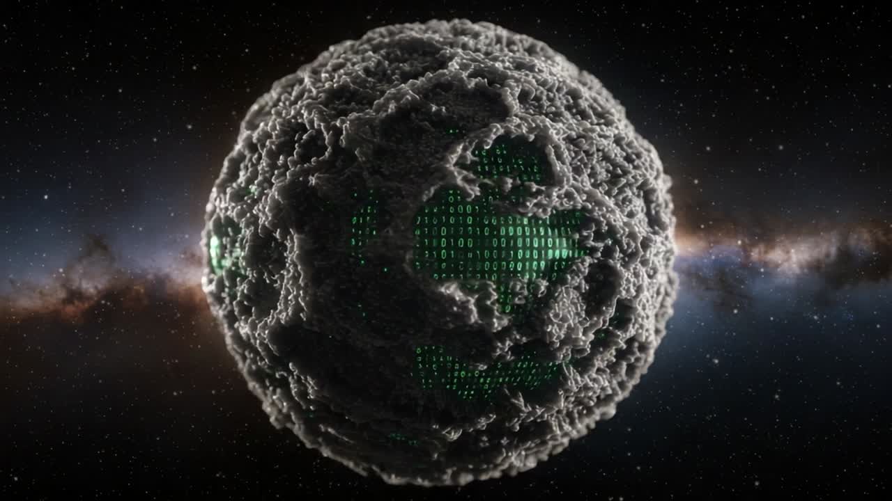 Cosmic Sphere Wrapped in Digital Codes and Binary Patterns, Symbolizing a Futuristic Planet Amidst a Starry Galaxy Background