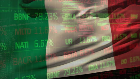 animation of statistics and financial data processing over flag of italy