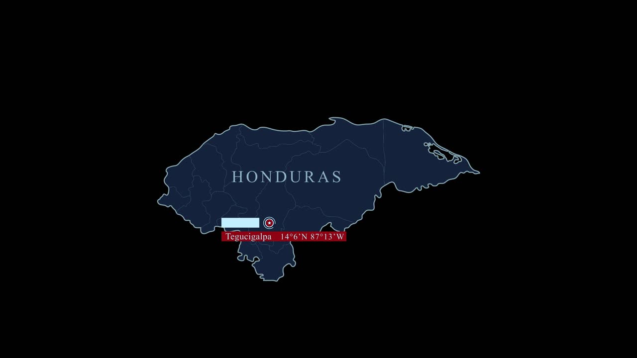 mapa estilizado azul de honduras con la capital de tegucigalpa y las coordenadas geográficas en fondo negro