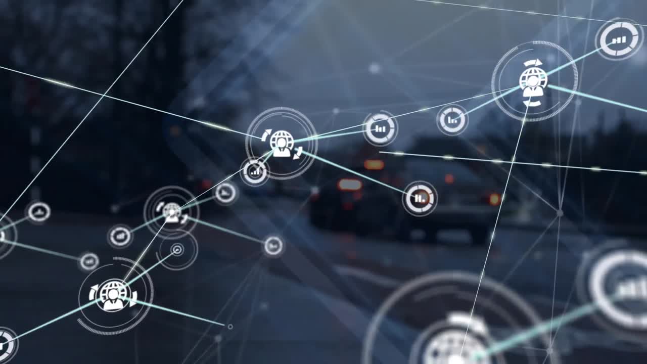 도시 풍경 위의 아이콘으로 연결된 네트워크의 애니메이션