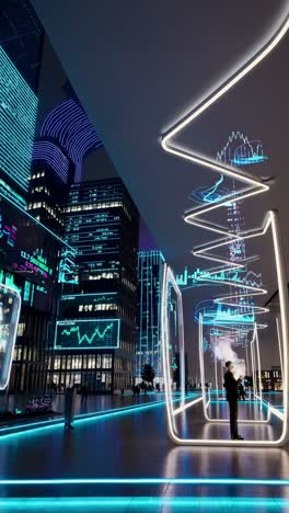 businessman examines holographic financial charts displayed within a sleek, futuristic structure, set against the backdrop of a modern cityscape at night