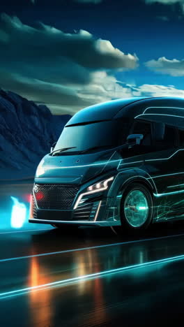 A futuristic black truck is driving down a road with mountains in the background. The truck is illuminated with a blue light, giving it a futuristic appearance