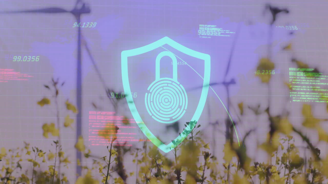 Turquoise security shield glowing above yellow field while turbines spinning and code floating