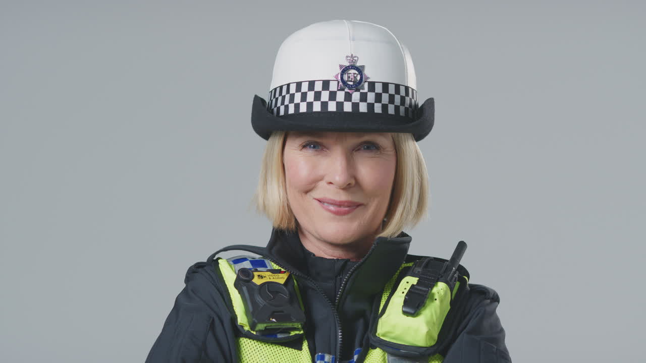 Ritratto in studio di una agente di polizia donna matura sorridente su sfondo neutro