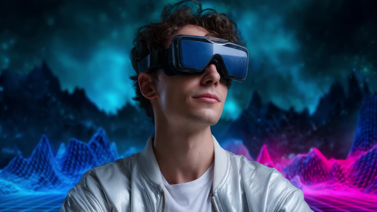 Captivating Virtual Reality Experience: A Focused Individual Wearing Advanced VR Goggles, Immersed in a Vivid Digital Landscape of Striking Blue and Pink Colors with Abstract Formations in the Background