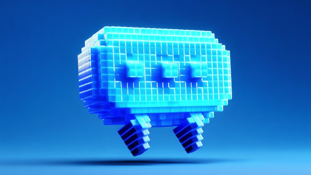 A captivating depiction of a three-dimensional, pixelated speech bubble, crafted using vibrant blue cubes, showcasing modern design and digital art aesthetics. The bubble's intriguing geometry stands out against a soft blue backdrop