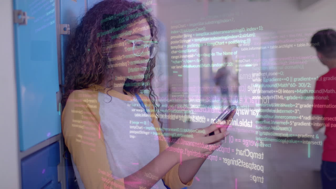 Animation of digital data processing over biracial female student using smartphone in school