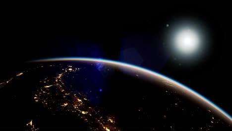 space, sun and planet earth at night